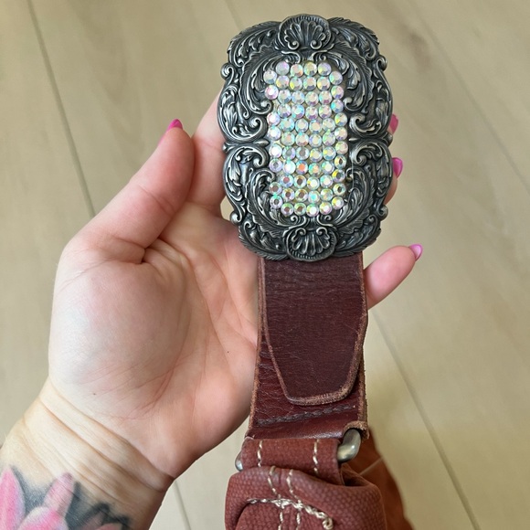 Fossil Brand Brown Canvas Hobo Bag with Leather Strap with Rhinestone Buckle - Picture 7 of 9